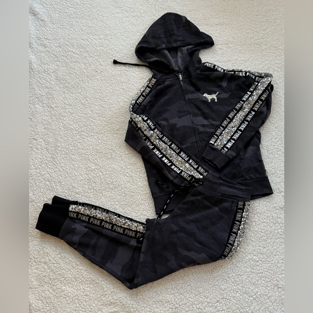 PINK VS bling sequins camo gray black jogger hoodie set
